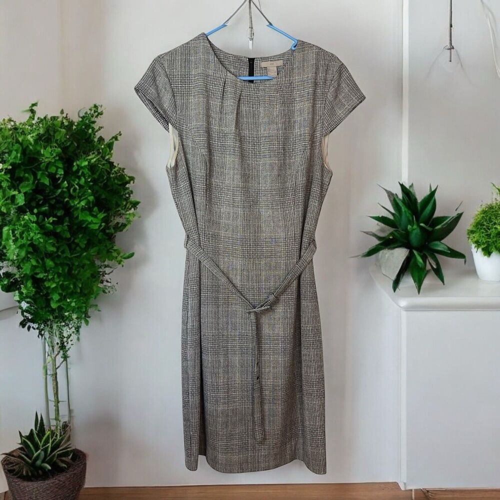 H&M Large Black White Plaid Check Sheath Dress Belted Cap Sleeve Knee Length